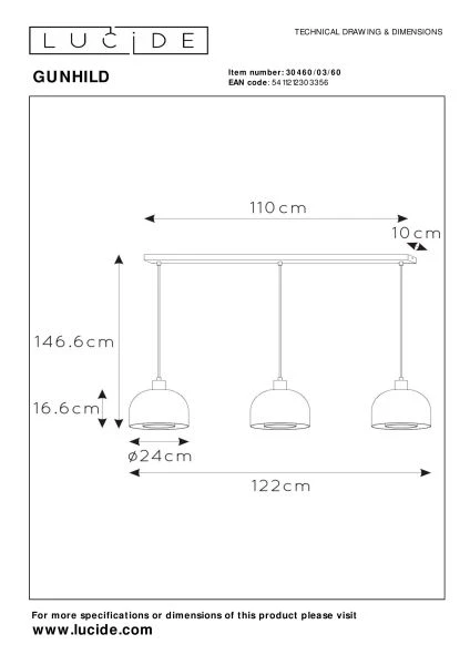 Lucide GUNHILD - Pendelleuchten - 3xE27 - Transparent - technisch